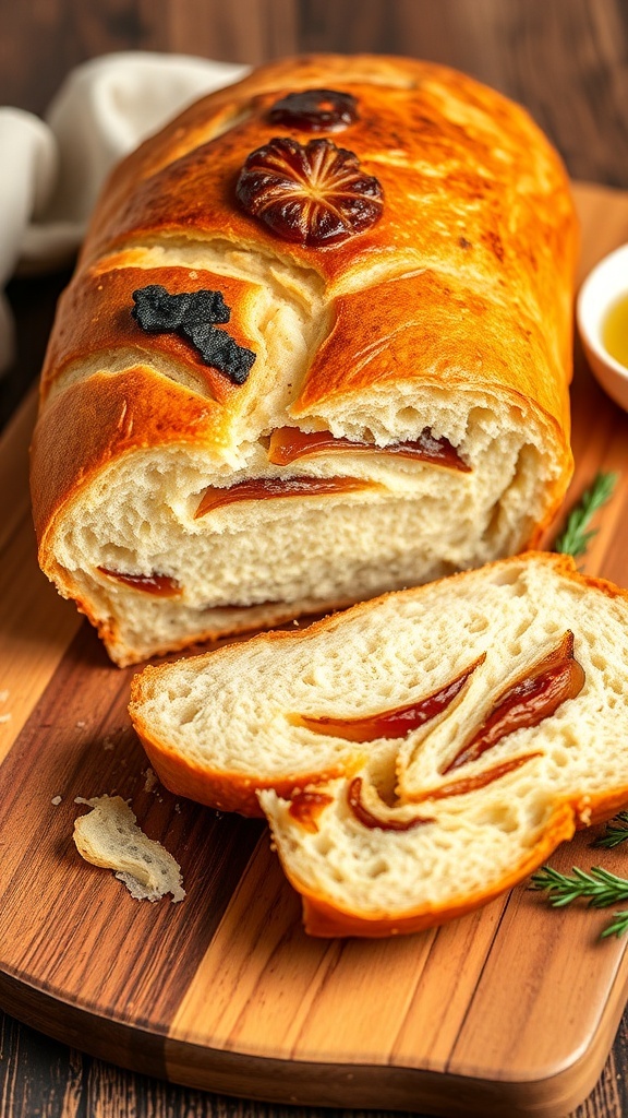 A loaf of onion yeast bread, sliced to show caramelized onions, on a wooden board with olive oil.